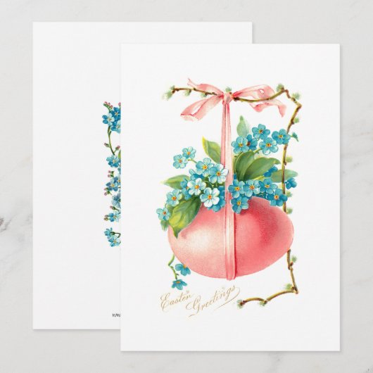 -roze paaseieren, lint en vergeet-me-nots feestdagenkaart (Voorkant / Achterkant)