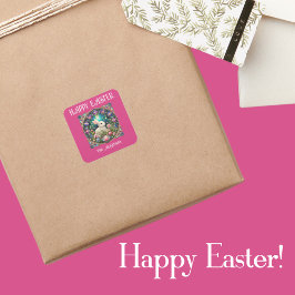 Roze paashaas Art Nouveau Glas in lood Vierkante Sticker