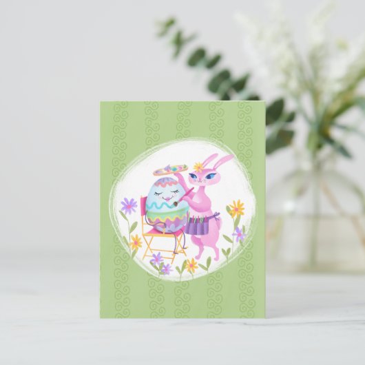 Roze Paashaas Konijn en Ei Briefkaart (Staand voorkant)