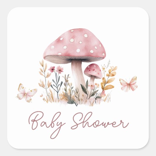 Roze Paddenstoel Meisje Baby shower Plein Vierkante Sticker (Voorkant)