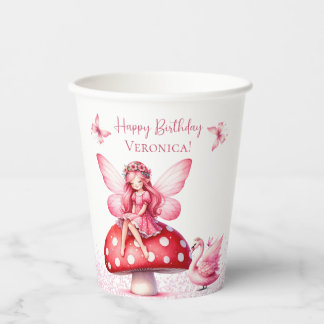 Roze Paddenstoel Verjaardag Feeënprinses Papieren Bekers
