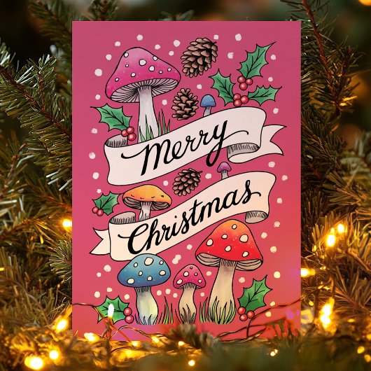 Roze Paddenstoel Vrolijk Kerstbos Feestdagen Kaart