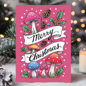 Roze Paddenstoel Vrolijk Kerstbos Feestdagen Kaart