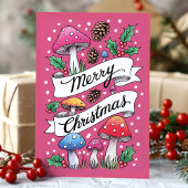 Roze Paddenstoel Vrolijk Kerstbos Feestdagen Kaart
