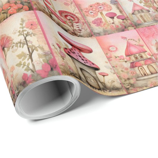 Roze paddenstoelen cadeaupapier (Rol Hoek)