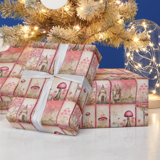Roze paddenstoelenhuizen cadeaupapier (Feestdagen)