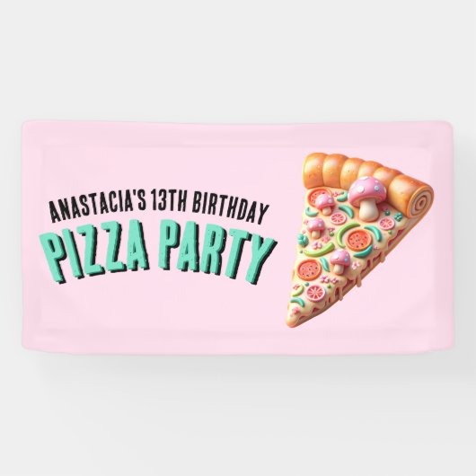 Roze Paddestoel Pizza Party Spandoek (Horizontaal)