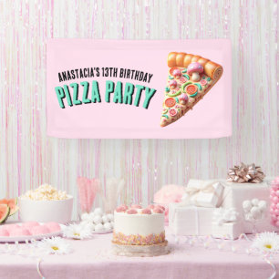 Roze Paddestoel Pizza Party Spandoek