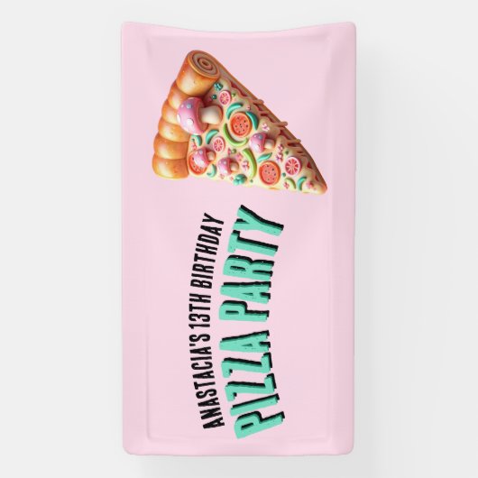 Roze Paddestoel Pizza Party Spandoek (Verticaal)