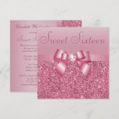 Roze pailletten, Bow & Diamond Sweet 16 Kaart (Voorkant / Achterkant)