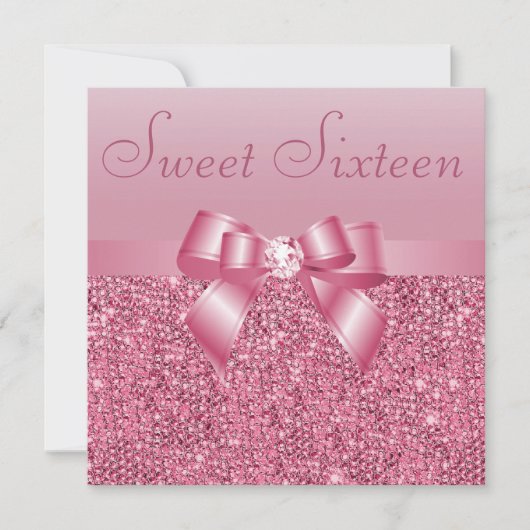Roze pailletten, Bow & Diamond Sweet 16 Kaart (Voorkant)