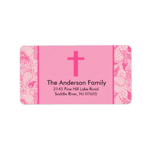 Roze Paisley Cross religieuze doop adreslabel Etiket