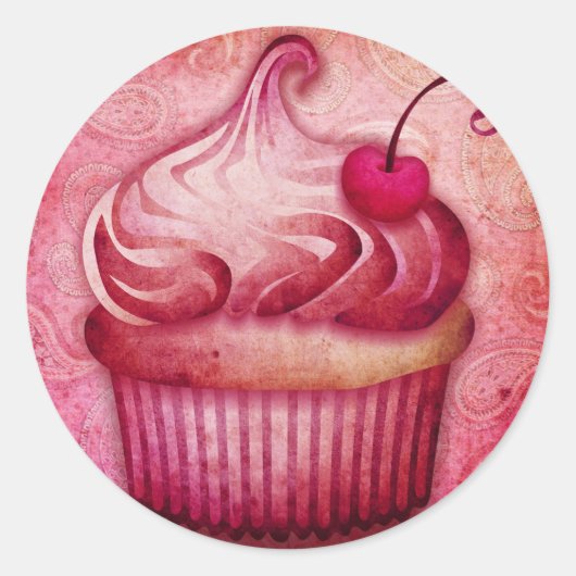 roze paisley cupcake ronde sticker (Voorkant)