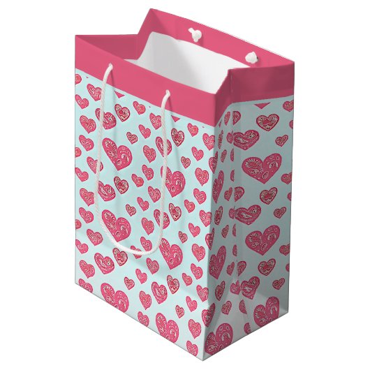 Roze paisley harten valentijn middelgrote cadeauta medium cadeauzakje (Voorkant Gekanteld)