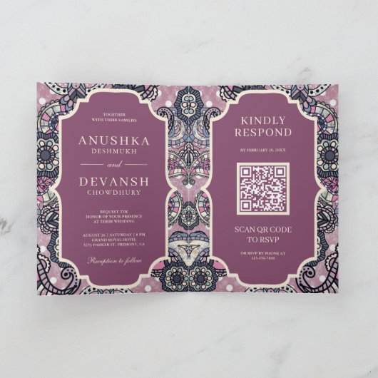 Roze Paisley Pattern QR Code Indian Wedding (Binnen)