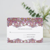 Roze Paisley Peacock Wedding RSVP Kaartje (Staand voorkant)