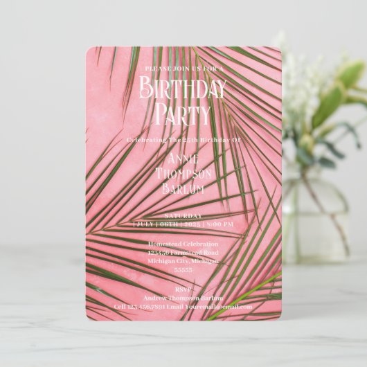 Roze Palm Birthday Uitnodiging (Staand voorkant)