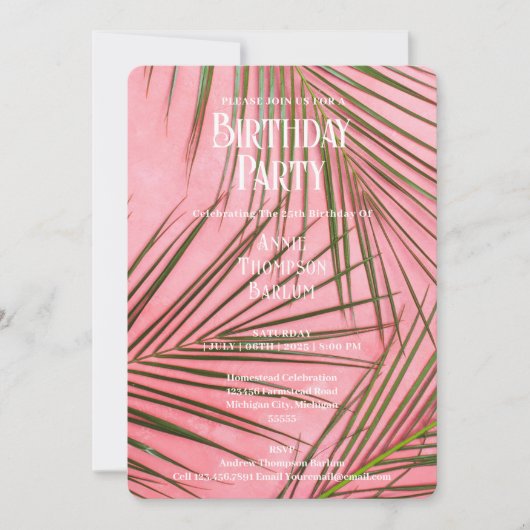 Roze Palm Birthday Uitnodiging (Voorkant)