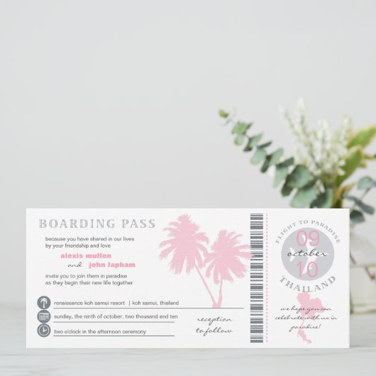 Roze palm Boarding Pass to Thailand Weddenschap Kaart (Staand voorkant)