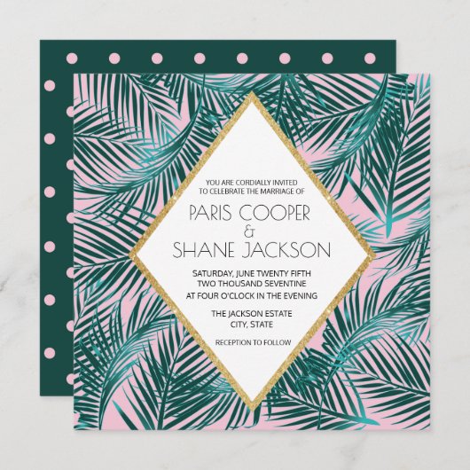 Roze Palm Deco bruiloft uitnodiging (Voorkant / Achterkant)