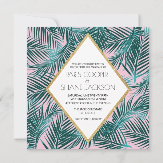 Roze Palm Deco bruiloft uitnodiging (Voorkant)