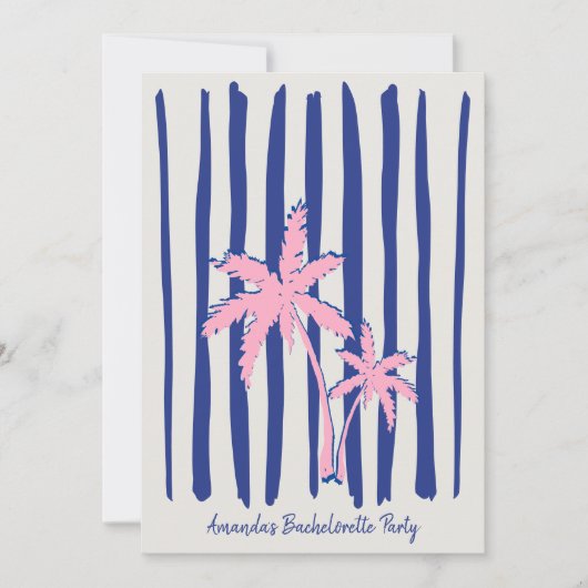 Roze Palm Pair op Blue Stripes Bachelorette Party Kaart (Voorkant)