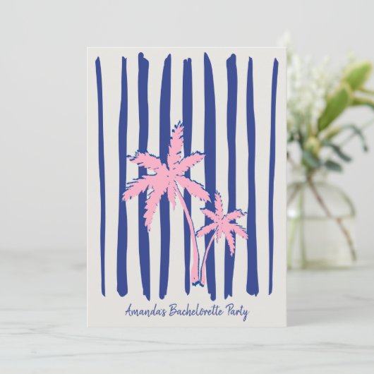 Roze Palm Pair op Blue Stripes Bachelorette Party Kaart (Staand voorkant)