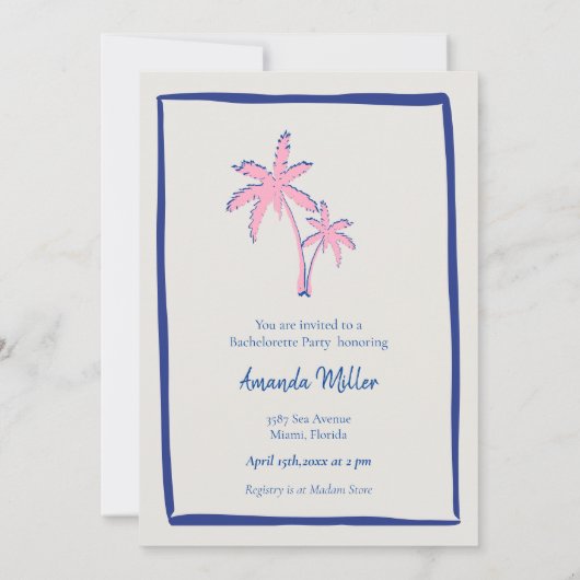 Roze Palm Pair op Blue Stripes Bachelorette Party Kaart (Achterkant)