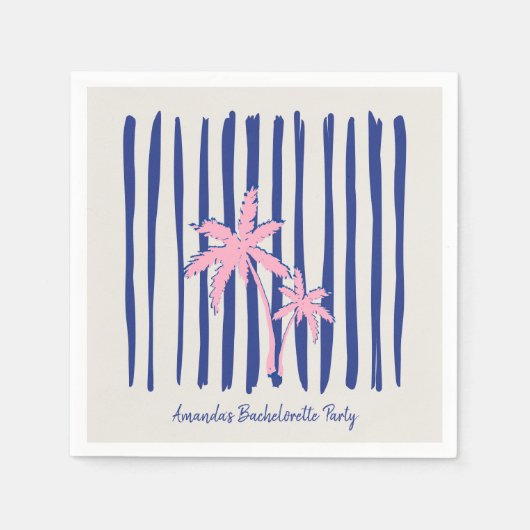 Roze Palm Pair op Blue Stripes Bachelorette Party Servet (Voorkant)