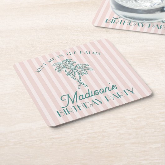Roze Palm Spring Pastel Beach verjaardagsfeestje Kartonnen Onderzetters (Schuin)