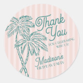 Roze Palm Spring Pastel Beach Verjaardagsgunst Ronde Sticker (Voorkant)