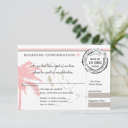 Roze Palm Tree Bahama's Boarding Pass Wedding RSVP (Staand voorkant)