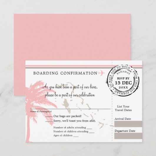Roze Palm Tree Bahama's Boarding Pass Wedding RSVP Kaartje (Voorkant / Achterkant)
