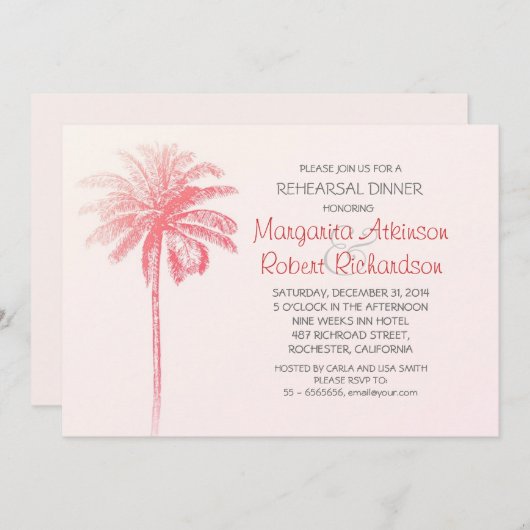 Roze Palm Tree Beach repetitie Diner Uitnodiging (Voorkant / Achterkant)