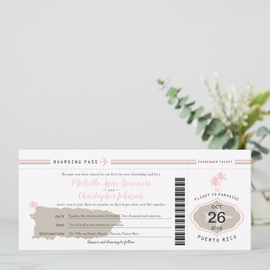Roze Palm Tree Boarding Pass Puerto Rico Huwelijk Kaart (Staand voorkant)