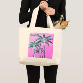 Roze Palm Tree Bold Preppy Beach Zomer Naam Grote Tote Bag (Voorkant (product))
