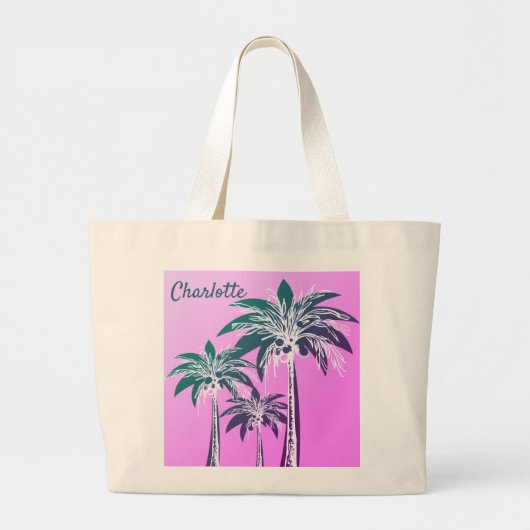 Roze Palm Tree Bold Preppy Beach Zomer Naam Grote Tote Bag (Voorkant)