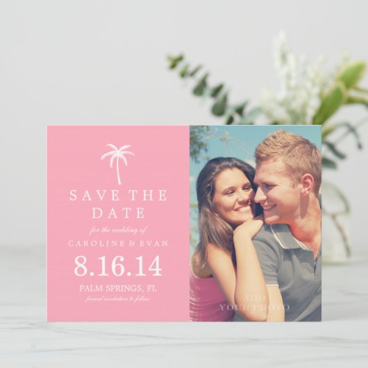 Roze Palm Tree Fotobruiloft Bewaar de datum Save The Date (Staand voorkant)