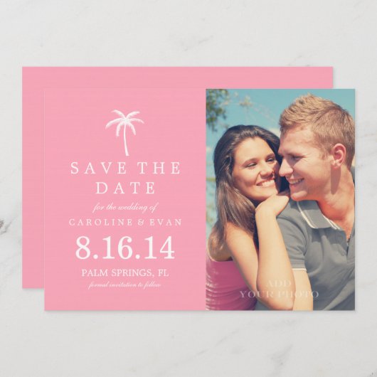 Roze Palm Tree Fotobruiloft Bewaar de datum Save The Date (Voorkant / Achterkant)