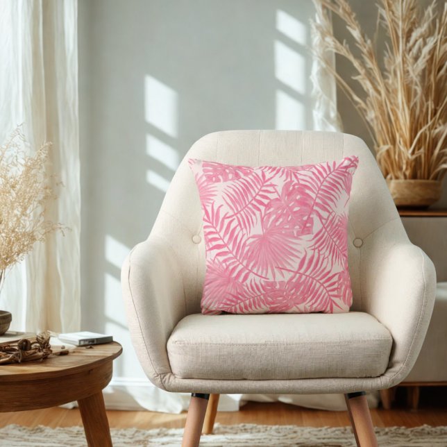 Roze Palm Tree & Monstera Tropische Esthetische Bo Kussen (PInk aesthetic tropical leaves throw pillow)