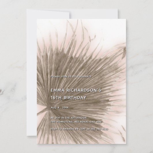 Roze Palm Tropisch Botanisch Blad 16e Verjaardag Kaart (Voorkant)