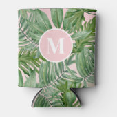Roze Palmblad Tropische Bloemmonogram Blikjeskoeler (Voorkant)
