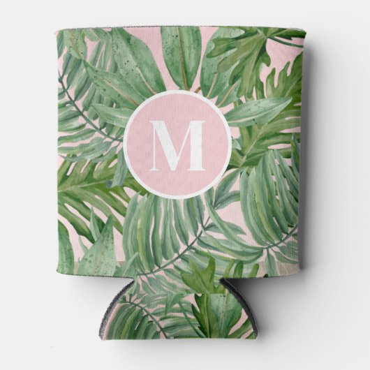 Roze Palmblad Tropische Bloemmonogram Blikjeskoeler (Voorkant)