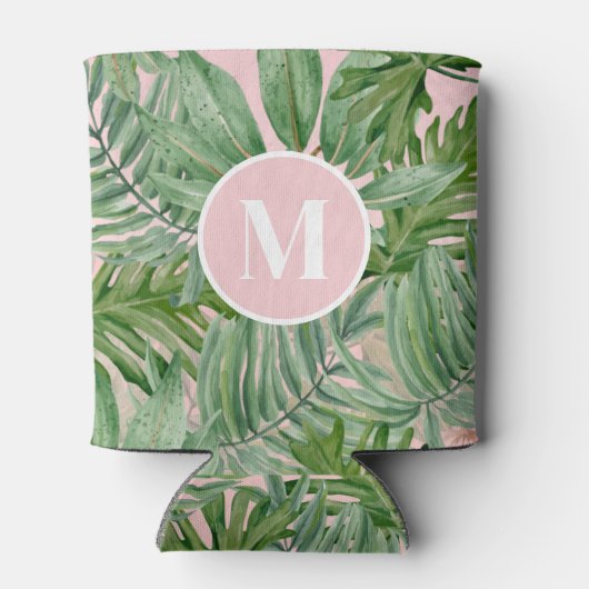 Roze Palmblad Tropische Bloemmonogram Blikjeskoeler (Achterkant)