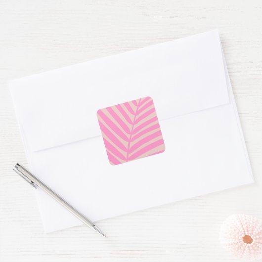 Roze palmblad vierkante sticker (Envelop)