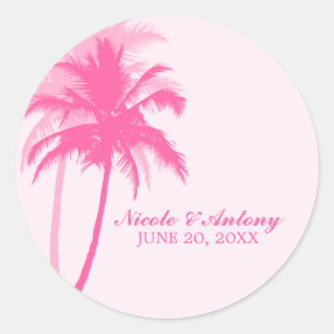 Roze palmbomen bruiloft ronde sticker