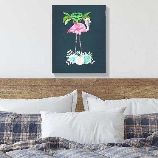Roze palmbomen met flamingpalmen en bloemkolen canvas afdruk (Insitu (Slaapkamer))