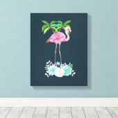 Roze palmbomen met flamingpalmen en bloemkolen canvas afdruk (Insitu (Houten vloer))