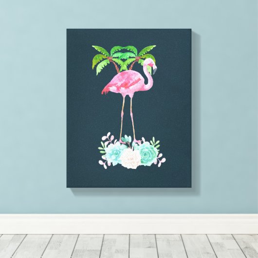 Roze palmbomen met flamingpalmen en bloemkolen canvas afdruk (Insitu (Houten vloer))