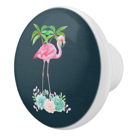Roze palmbomen met flamingpalmen en bloemkolen keramische knop (Rechts)